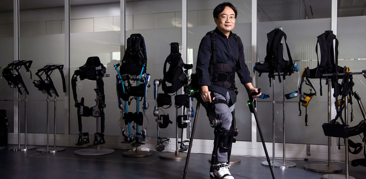 A user wears the exoskeleton suit. Credit: Bloomberg Photo