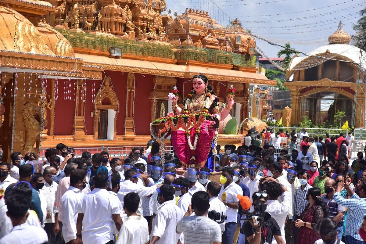 The idol of the Goddess Sharada was taken out in a procession on the premises of the Kudroli Gokarnanatha Temple, on Saturday.