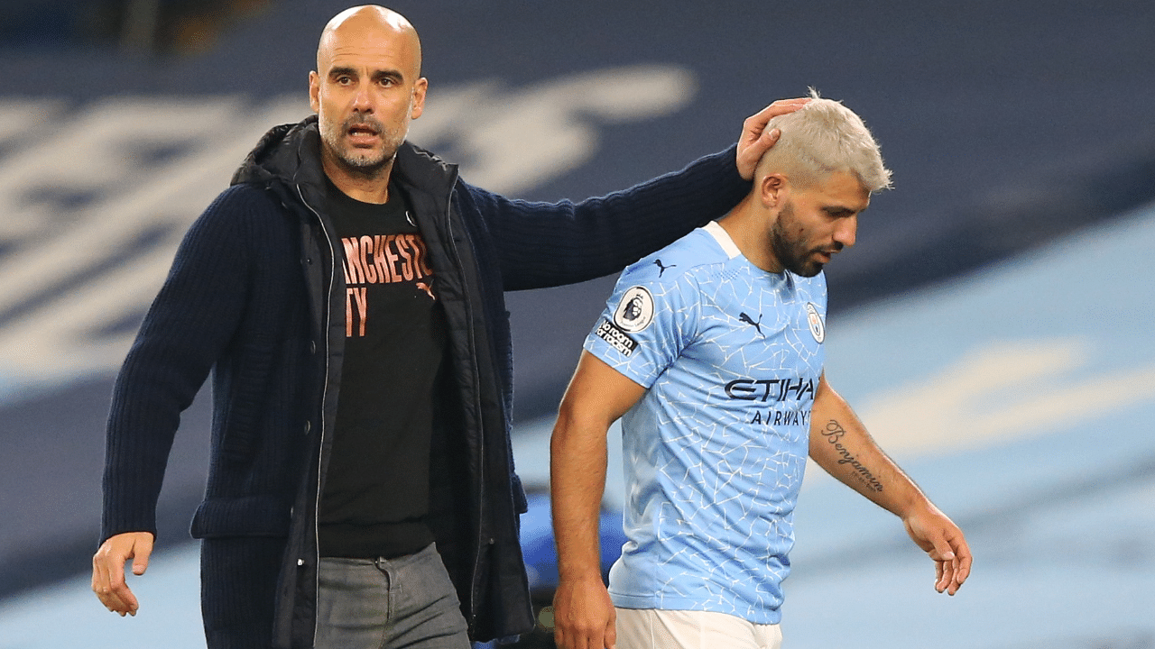 Manchester City's Sergio Aguero with manager Pep Guardiola after being substituted. Credits: Reuters Photo