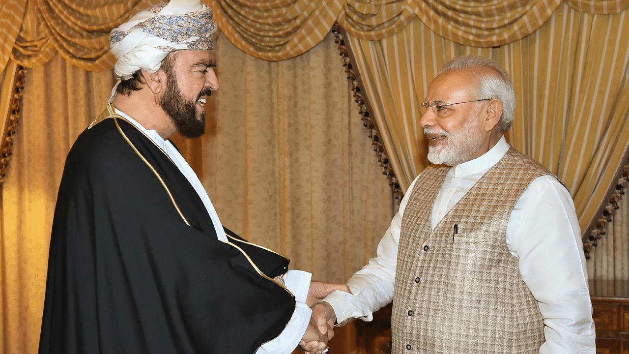 Prime Minister Narendra Modi shakes hands with Deputy Prime Minister of Oman, Sayyid Asa’ad bin Tariq Al Said in Muscat. Credits: PTI Photo