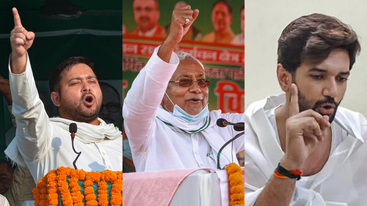 Rashtriya Janata Dal (RJD) leader Tejashwi Prasad Yadav, Bihar Chief Minister Nitish Kumar, and Lok Janshakti Party President Chirag Paswan. Credits: PTI Photo
