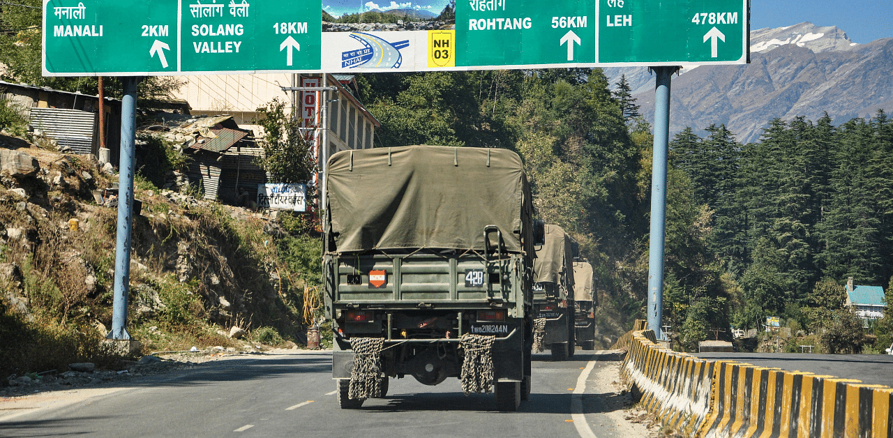 Military vehicles carrying military material on their way to Leh (Ladakh), on Indo-China border. Credits: PTI Photo
