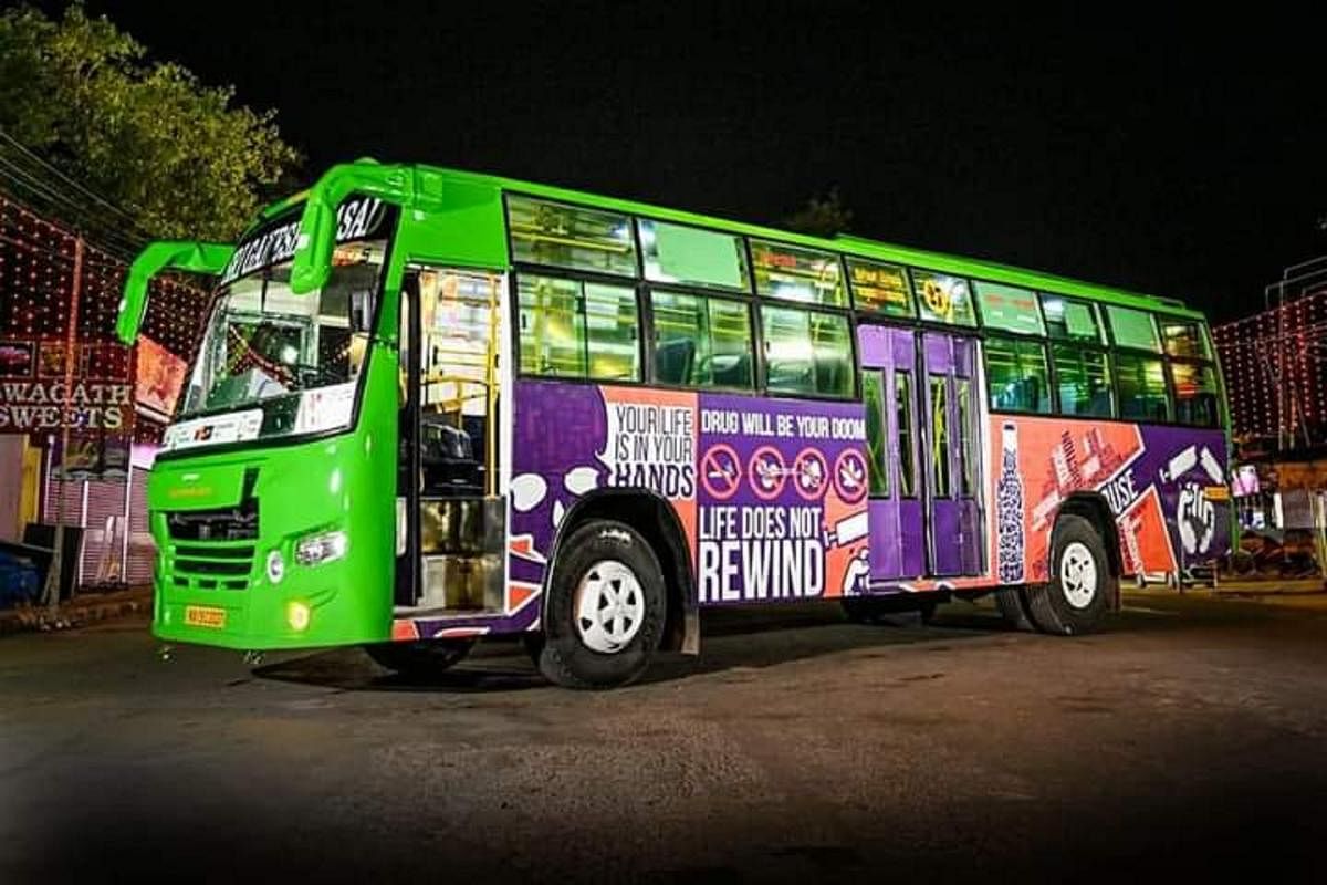 A view of the private bus with a message on drug menace. Credit: DH Photo