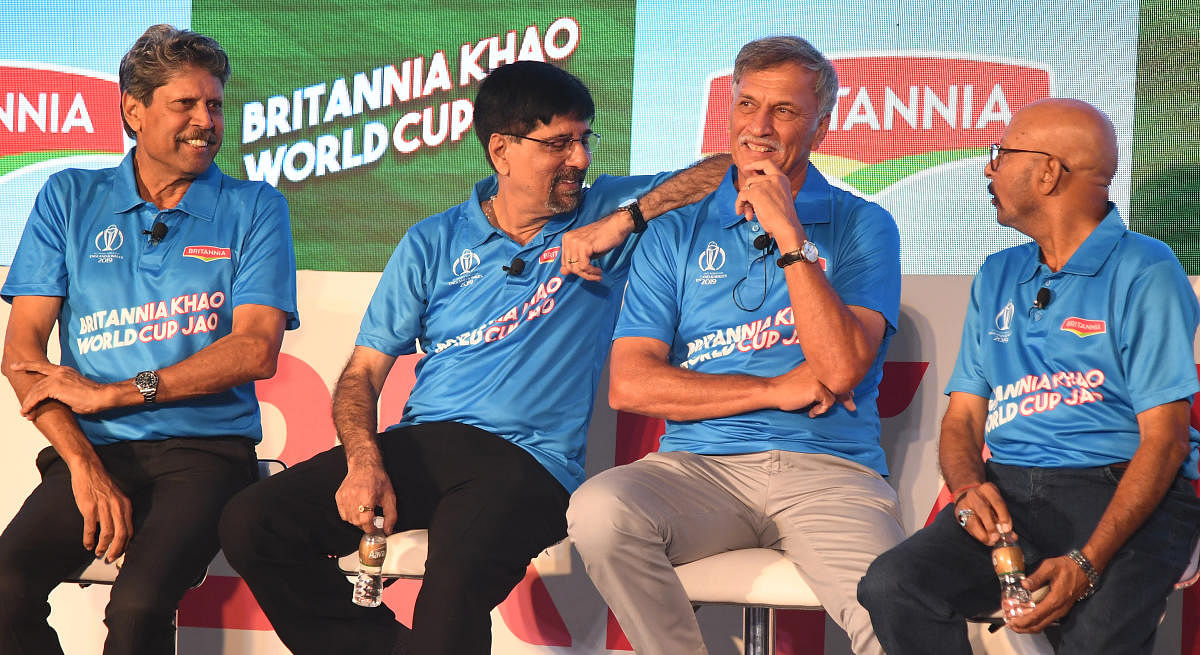 1983 World Cup winning team members Kapil Dev, K Srikkanth, Roger Binny and Syed Kirmani (from left) share an anecdote from their triumphant campaign in this file photo. DH Photo/ Srikanta Sharma R 