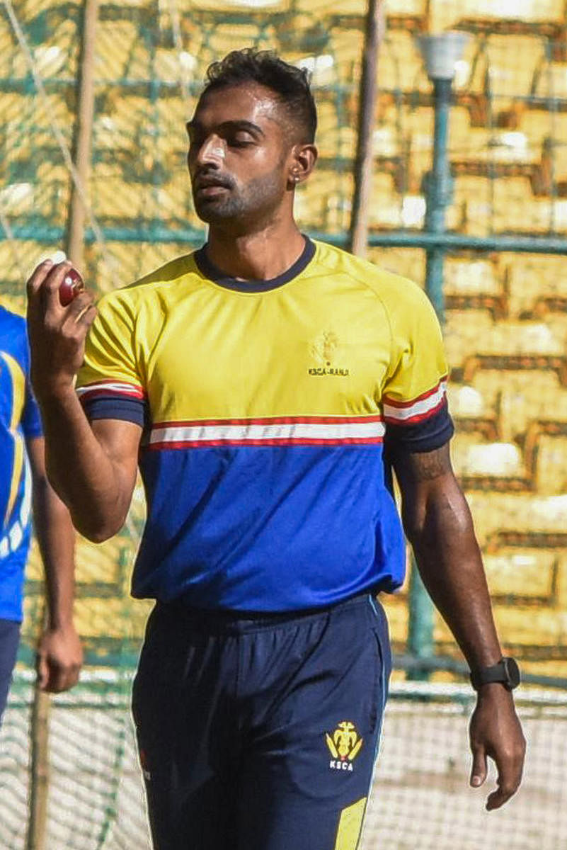 A Mithun during a practice session at the M Chinnaswamy Stadium in Bengaluru on Thursday. DH Photo/ S K Dinesh