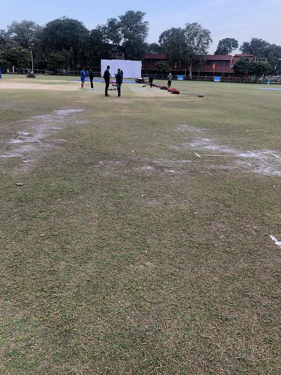 The wet patches at the Gandhi Memorial Science College ground that caused the abandonment of the second day's play between Karnataka and J&K. 