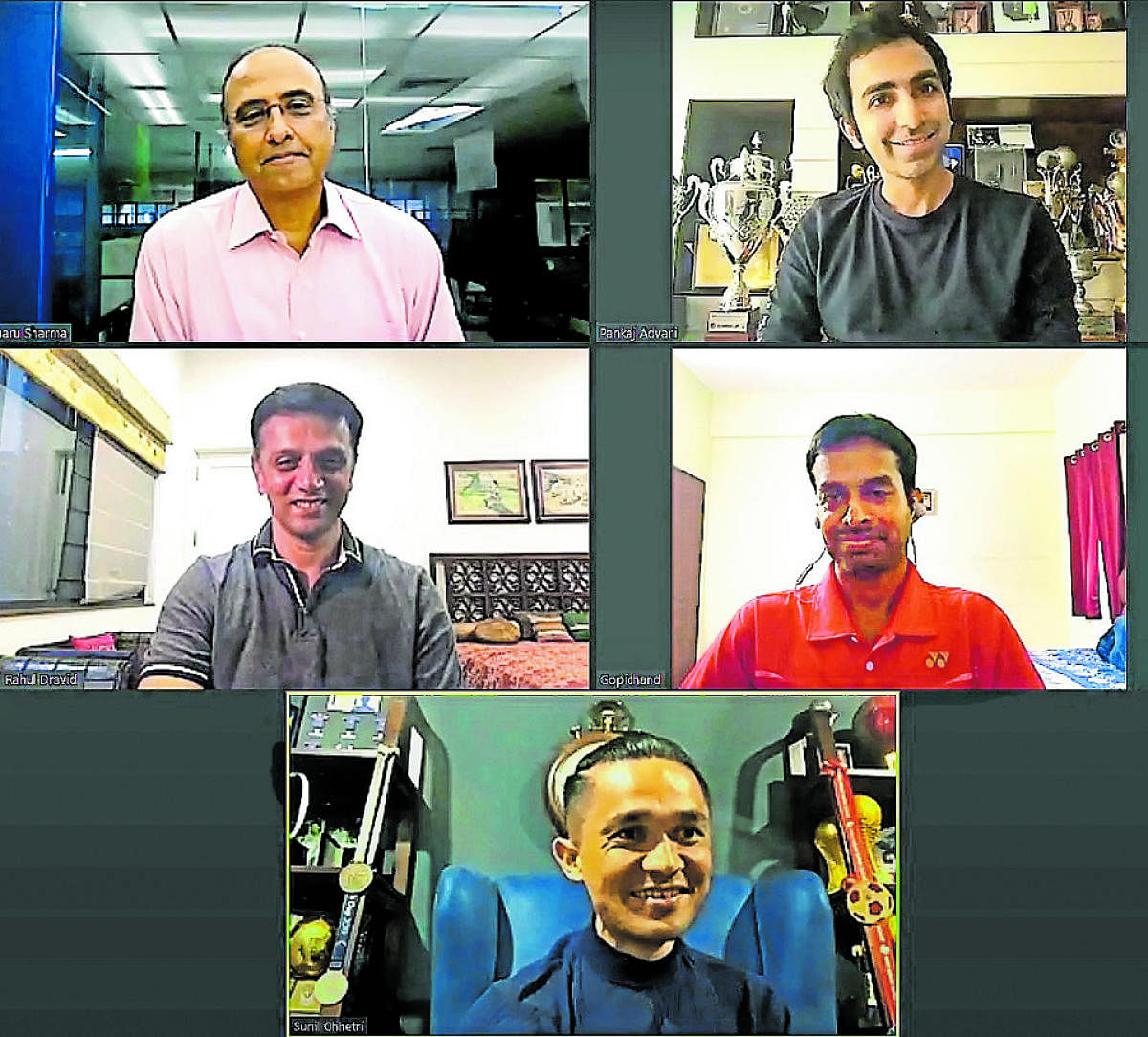 Clocwise (from top right) Cue sports ace Pankaj Advani, badminton great P Gopichand, footballing hero Sunil Chhetri and cricket legend Rahul Dravid during the Deccan Herald webinar series DH Sparks moderated by Charu Sharma.