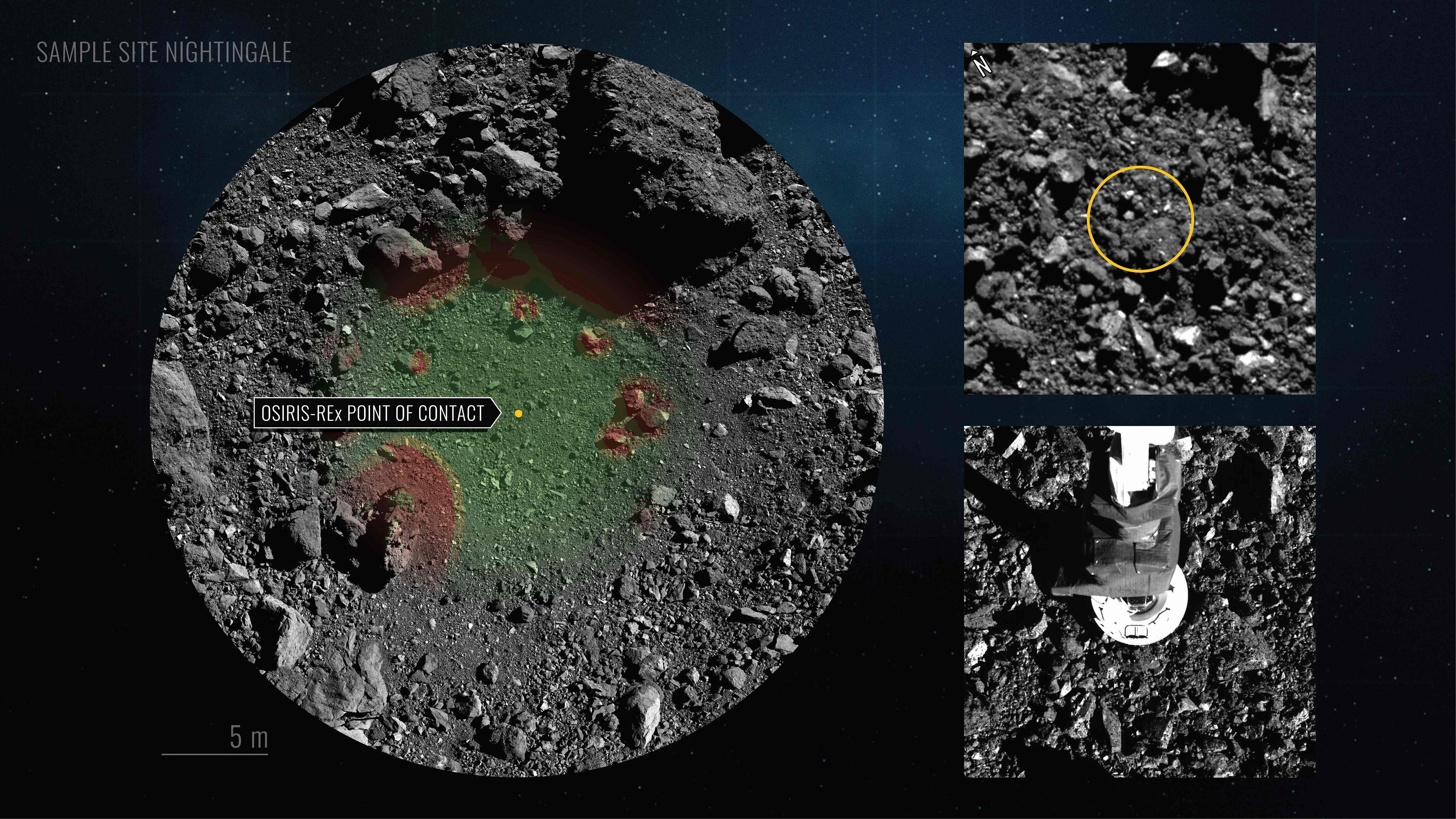 This NASA handout image obtained on October 21, 2020 shows Nightingale Hazard Map and TAG Location (L-top R) and NASA's robotic arm from spacecraft Osiris-Rex (bottom R) making contact with asteroid Bennu to collect samples. - After a four-year journey, NASA's robotic spacecraft Osiris-Rex briefly touched down on asteroid Bennu's boulder-strewn surface on Tuesday to collect rock and dust samples in a precision operation 200 million miles (330 million kilometers) from Earth. Credit: AFP Photo