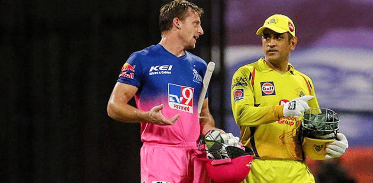 Chennai Super Kings captain MS Dhoni and Rajasthan Royals player Jos Buttler. Credit: PTI