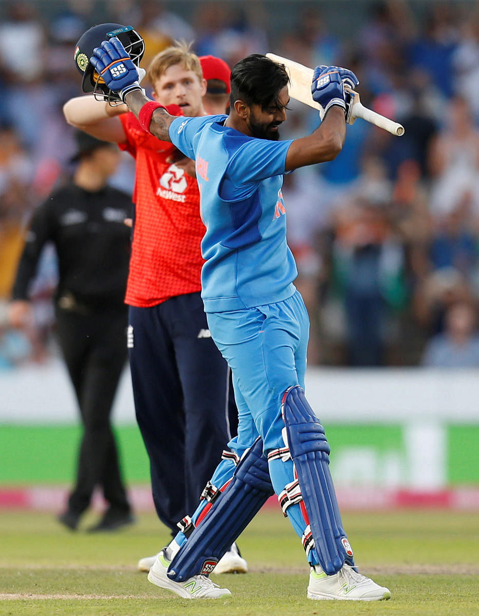 India's KL Rahul celebrates after reaching his century in the first T20I against England in Manchester on Tuesday. (Reuters Photo)