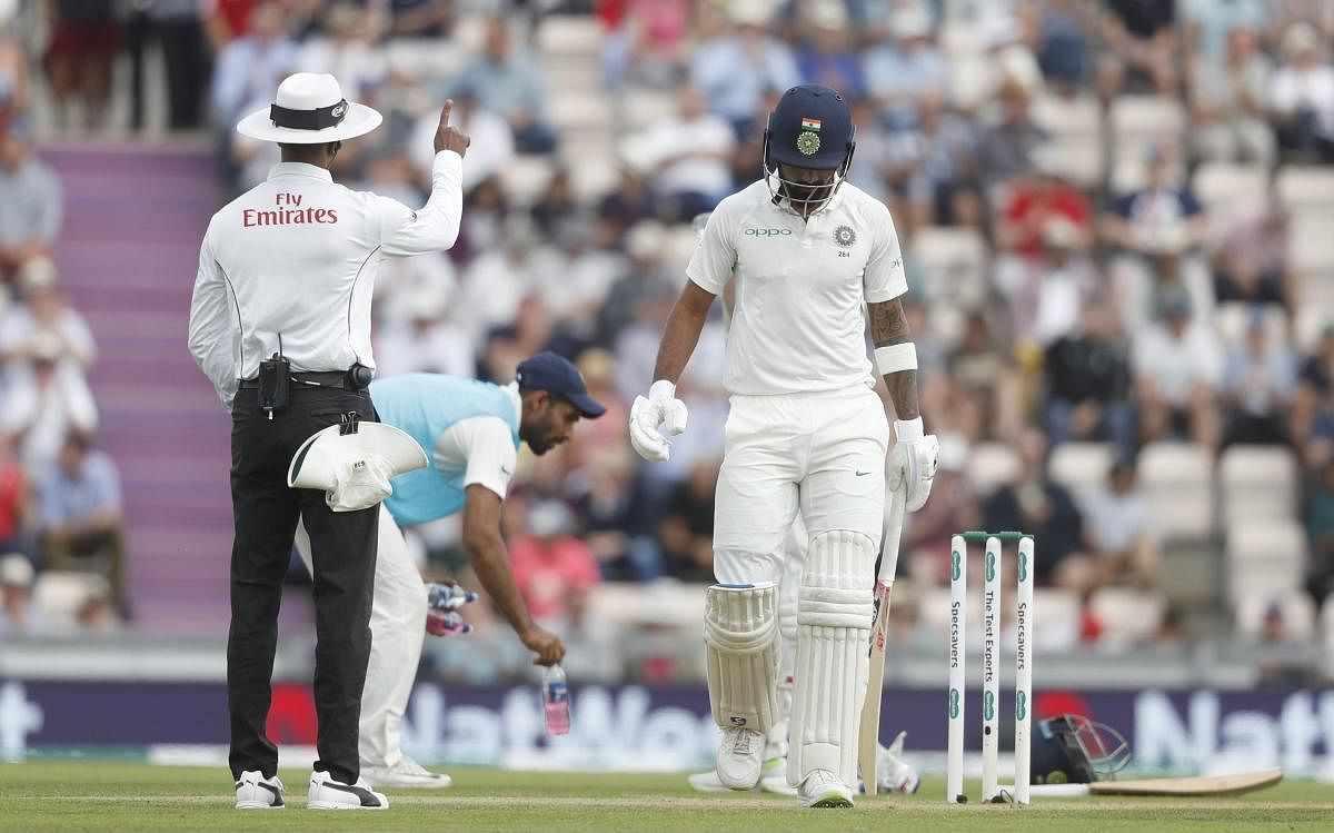 DISAPPOINTING: K L Rahul walks off after being given out lbw in the first innings of the fourth Test at the Aegeas Bowl in Southampton. AP-PTI