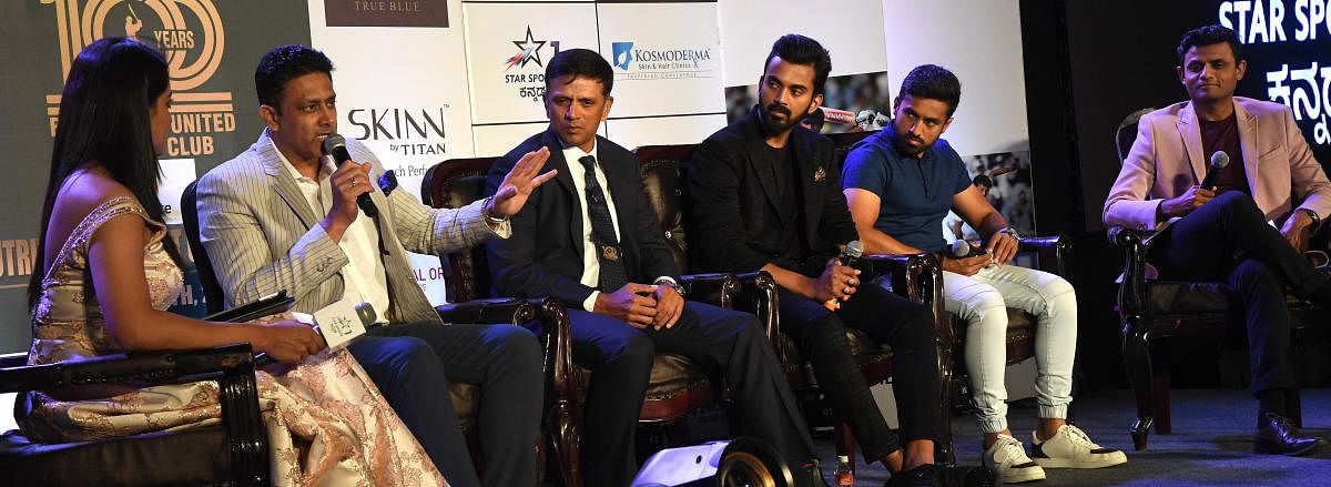 Cricketers Anil Kumble, Rahul Dravid (BUCC President), K L Rahul and Karun Nair at a panel discussion in Bengaluru on Frday. DH Photo/ Srikanta Sharma R