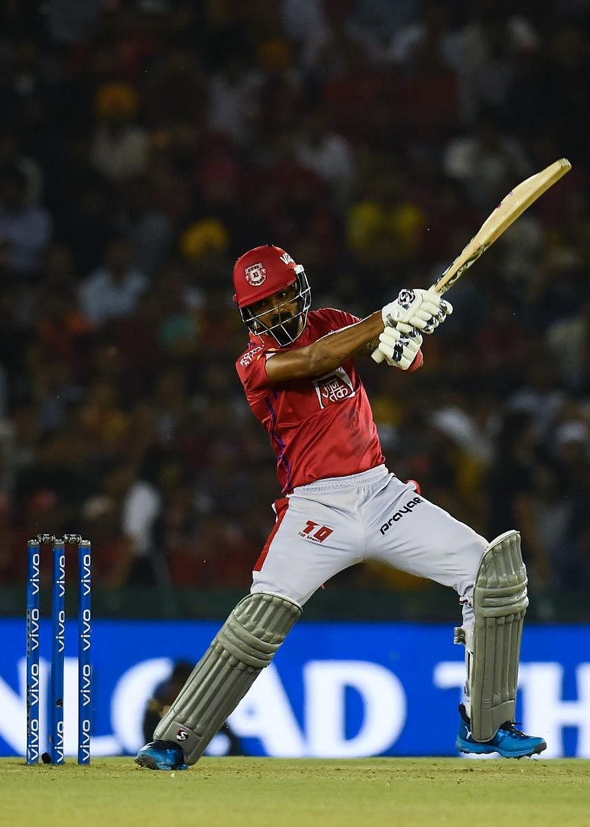 Kings XI Punjab's KL Rahul cuts one during his unbeaten half-century against Sunrisers Hyderabad on Monday. AFP