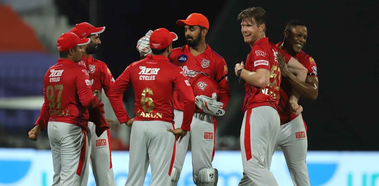 James Neesham of Kings XI Punjab celebrates the wicket of Steve Smith captain of Rajasthan Royals during match 9 season 13 of the Dream 11 Indian Premier League (IPL) between Rajasthan Royals and Kings XI Punjab held at the Sharjah Cricket Stadium, Sharjah in the United Arab Emirates on the 27th September 2020. Photo by: Deepak Malik / Sportzpics for BCCI