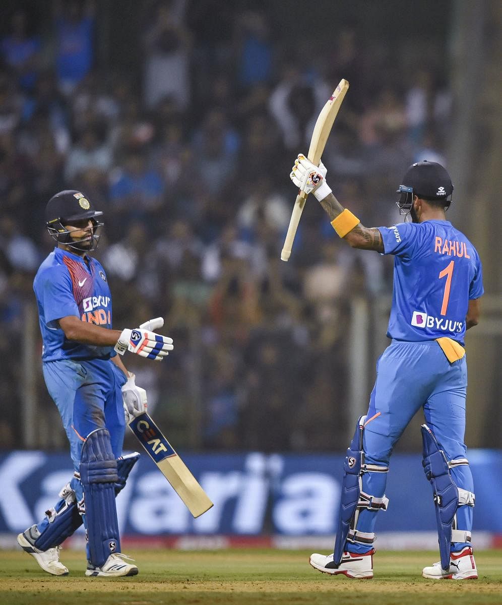 Indian player KL Rahul celebrates his half century during the third T20 cricket match against West Indies. (PTI Photo)