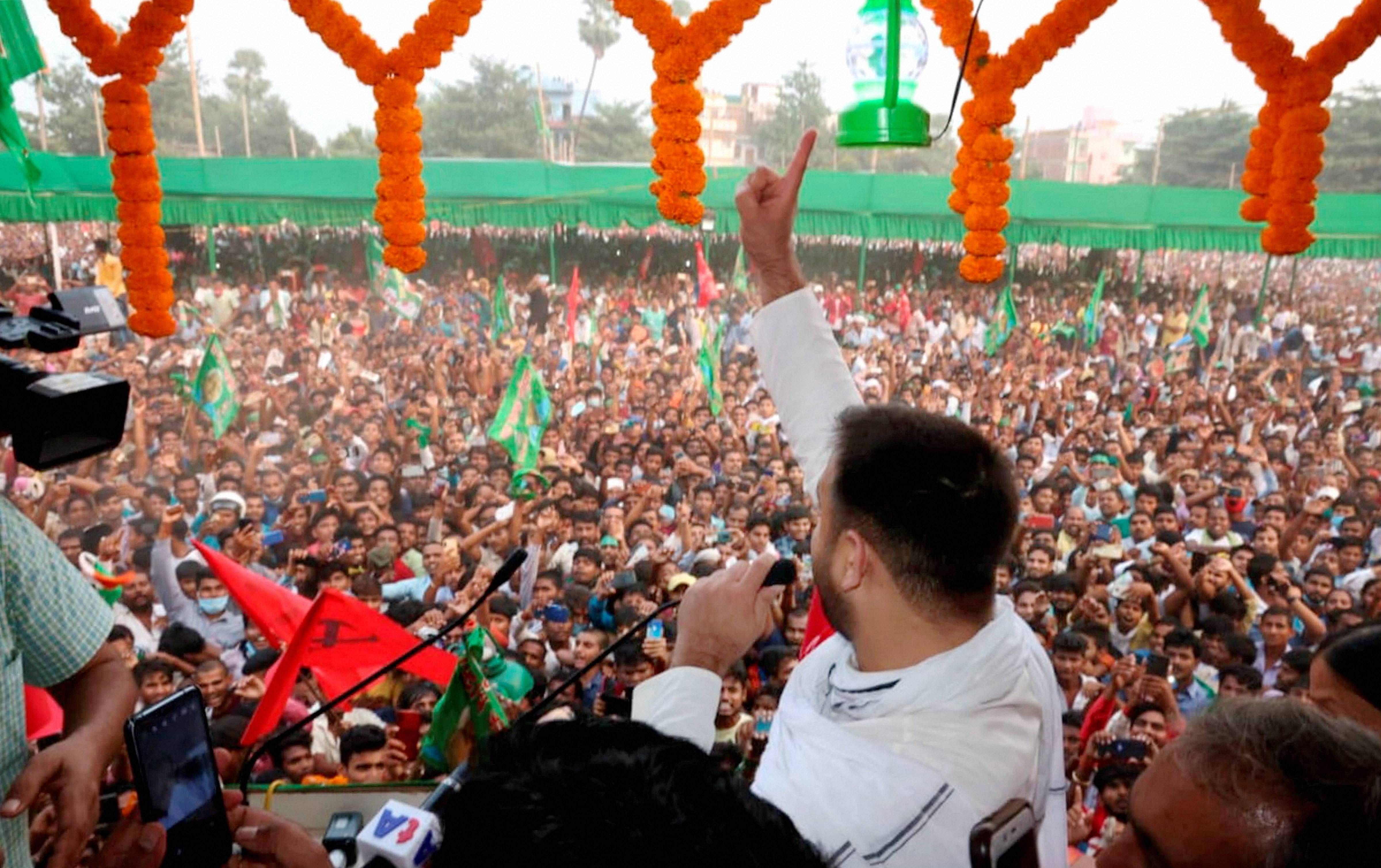 RJD leader Tejashwi Prasad Yadav during an election campaign rally ahead of Bihar assembly polls, at Masaurhi in Patna district, Wednesday, Oct. 21, 2020. Credit: PTI Photo