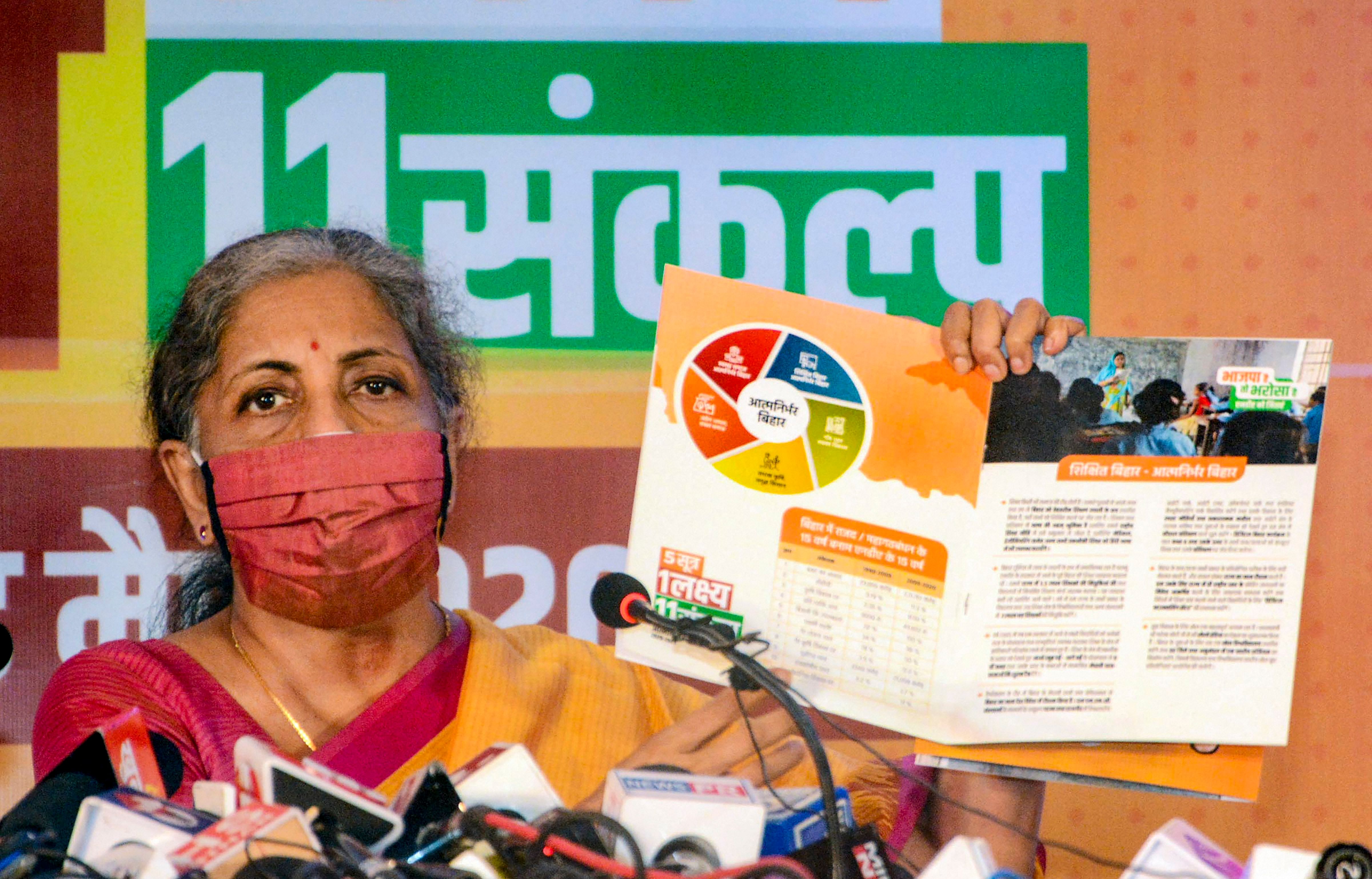 Union Finance Minister Nirmala Sitharaman addresses a press conference, ahead of the Bihar Assembly Elections. Credits: PTI Photo