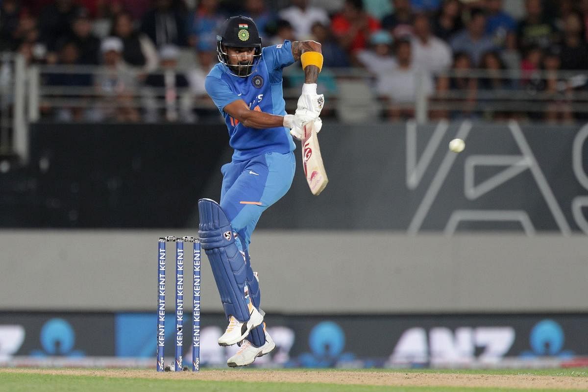 India’s Lokesh Rahul bats during the second Twenty20 cricket match between New Zealand and India at Eden Park in Auckland. (AFP Photo)