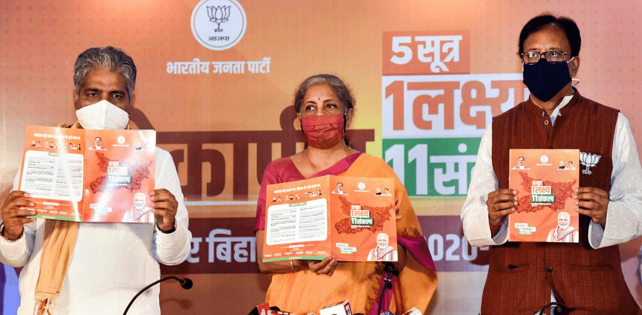 Union Finance Minister Nirmala Sitharaman along with BJP General Secretary Bhupendra Yadav and state party President Sanjay Jaiswal releases party manifesto ahead of the Bihar Assembly Elections, in Patna. Credit: PTI