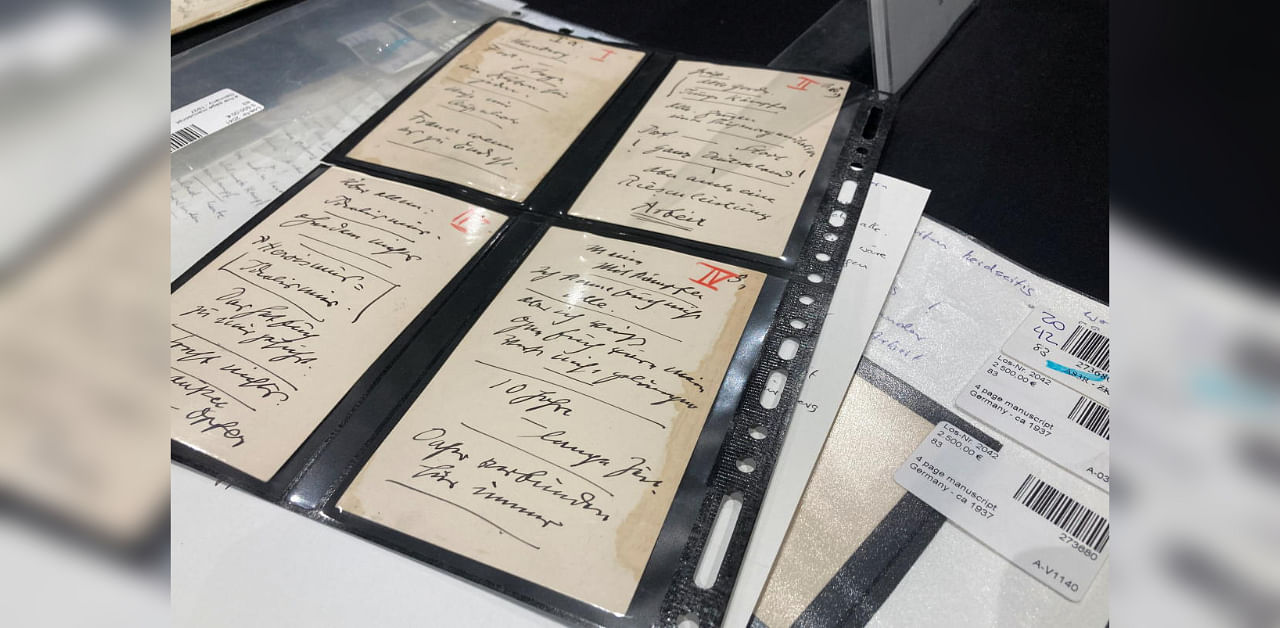 Four artefacts from 1937 with the original handwriting of Adolf Hitler that come under the hammer by a Munich auction house are pictured in Munich, Germany, October 22, 2020. Picture taken October 22, 2020. Credit: REUTERS Photo