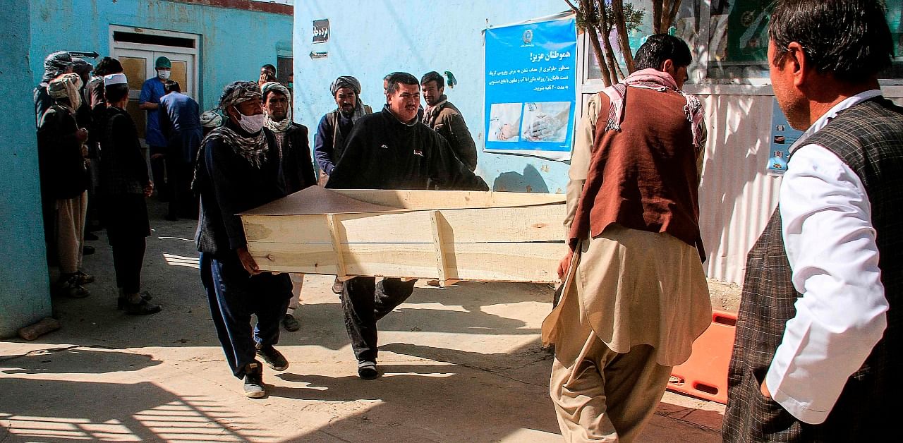 Relatives carry the coffin of a victim who was killed following a roadside bomb tore through a passenger bus, in Ghazni province. Credit: AFP