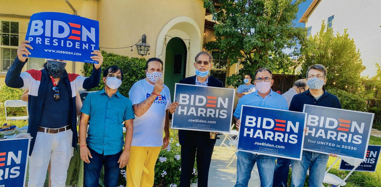 Indian Americans during a Get out the Vote (GOTV) rally in support of Democratic presidential nominee Joe Biden and his running mate Kamala Harris for the Nov. 3 elections, in California. Credit: PTI Photo