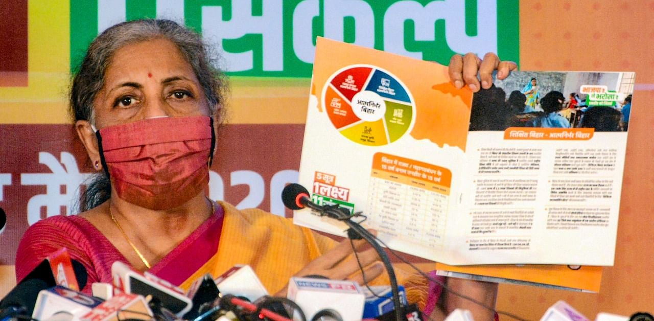 Union Finance Minister Nirmala Sitharaman addresses a press conference, ahead of the Bihar Assembly Elections, in Patna. Credit: PTI Photo