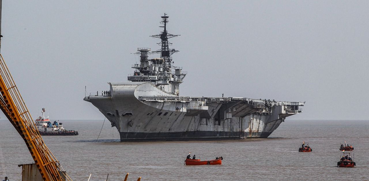 Indian Naval ship (INS) Viraat arrives at Alang ship breaking yard after it was decommissioned by the Indian Navy, at Alang in Bhavnagar district. Credit: PTI/file photo.