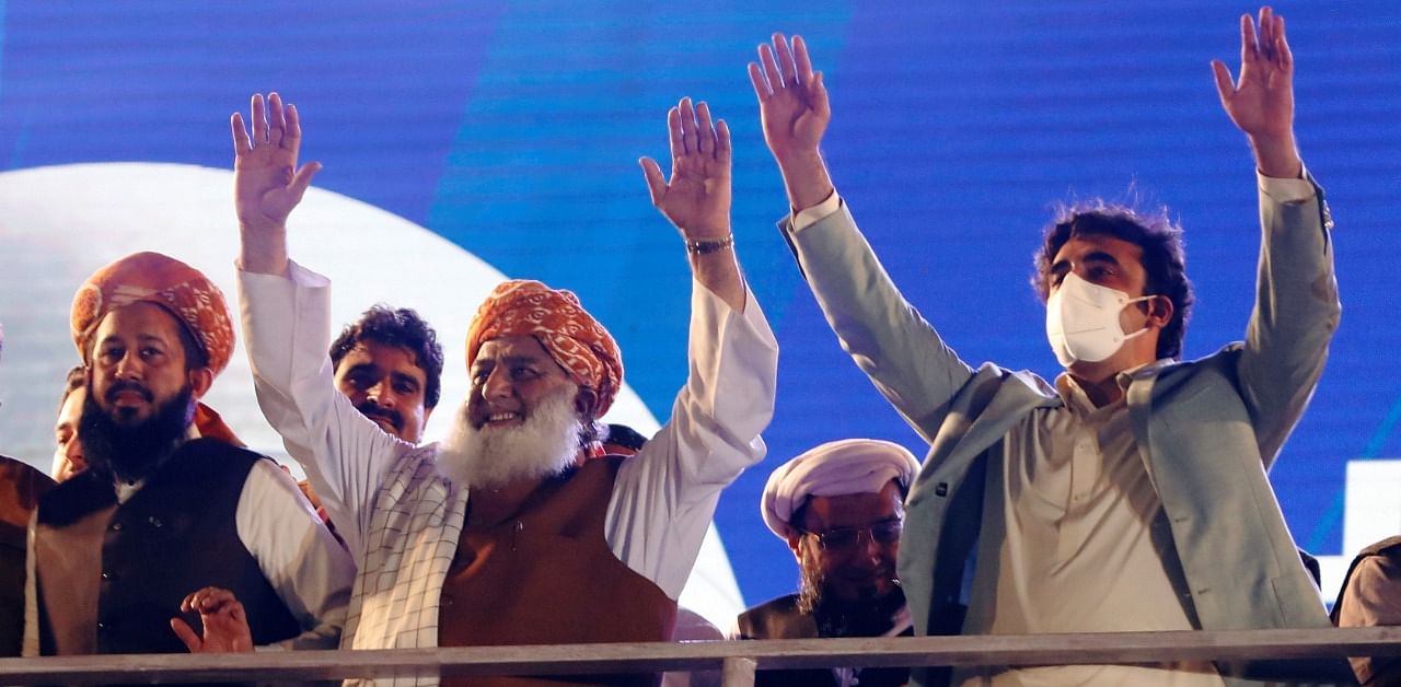 Pakistani politician Maulana Fazlur Rehman and Bilawal Bhutto Zardari, chairman of the Pakistan Peoples Party. Credit: Reuters