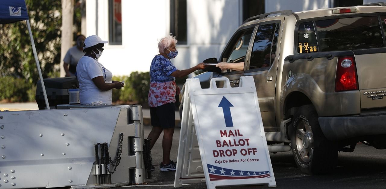 Early voters drive up to cast their mail-ballots at the Pinellas County Supervisor of Elections office polling station. Credit: AFP Photo