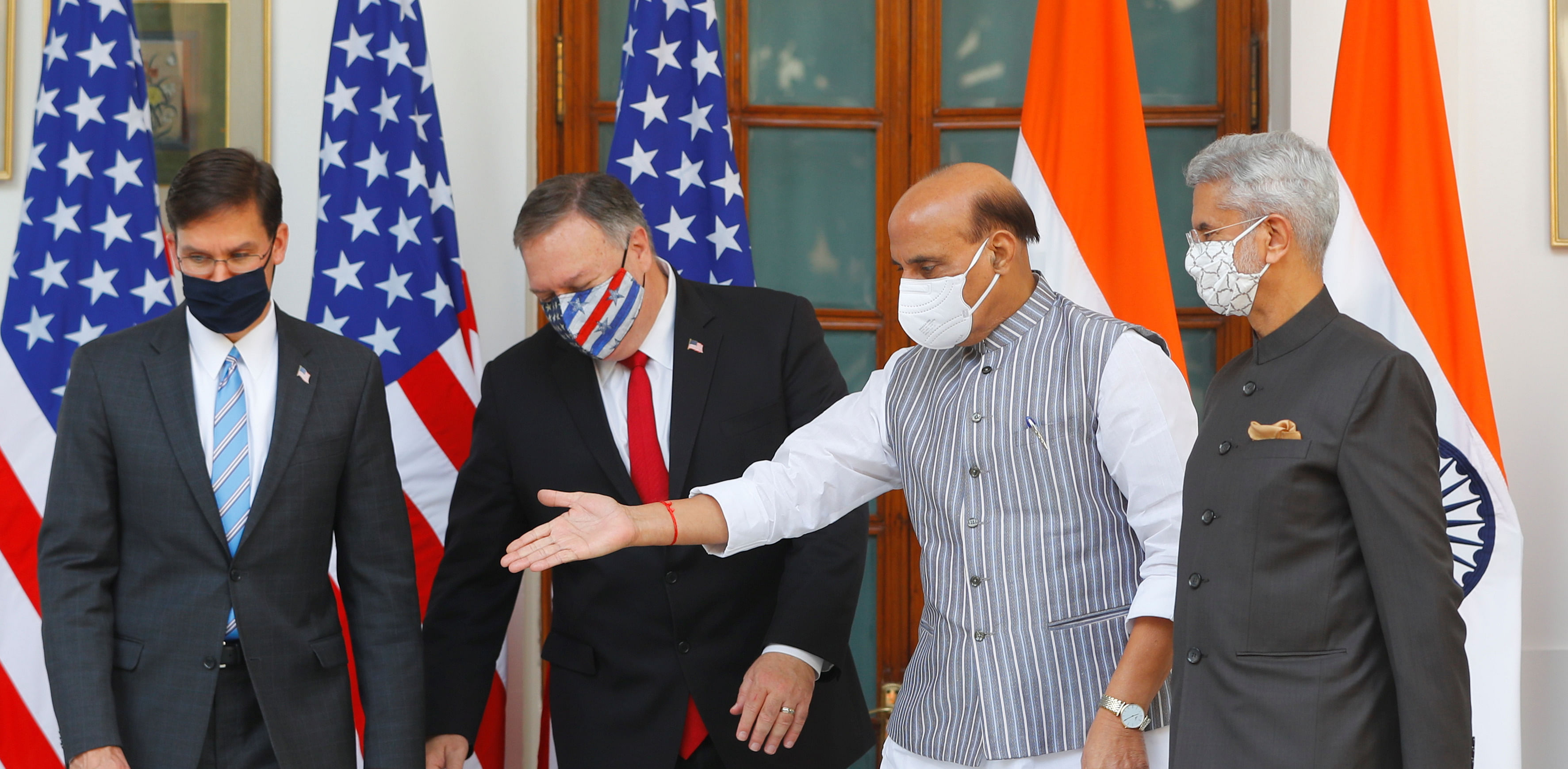 External Affairs Minister S Jaishankar and Defence Minister Rajath Singh held the talks with US Secretary of State Mike Pompeo and Defence Secretary Mark T Esper. Both sides were assisted by their top military and security officials. Credit: Reuters