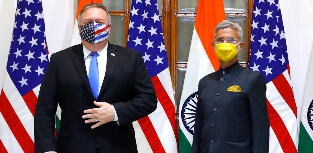 US Secretary of State Mike Pompeo (L) and India's Foreign Minister Subrahmanyam Jaishankar stand during a photo opportunity before their meeting at Hyderabad House in New Delhi. Credit: AFP.