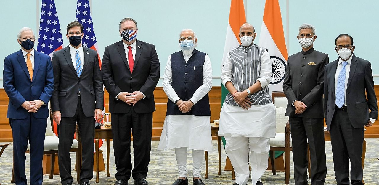 Prime Minister Narendra Modi with US Secretary of State Mike Pompeo and the US Defence Secretary Dr. Mark T. Esper during a meeting, in New Delhi. Credit: PTI