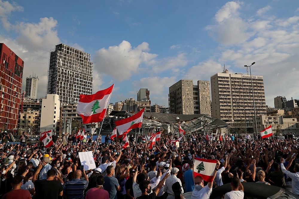 Demonstrators take part in protests near the site of the blast at the Beirut's port area, Lebanon. Credits: Reuters Photo