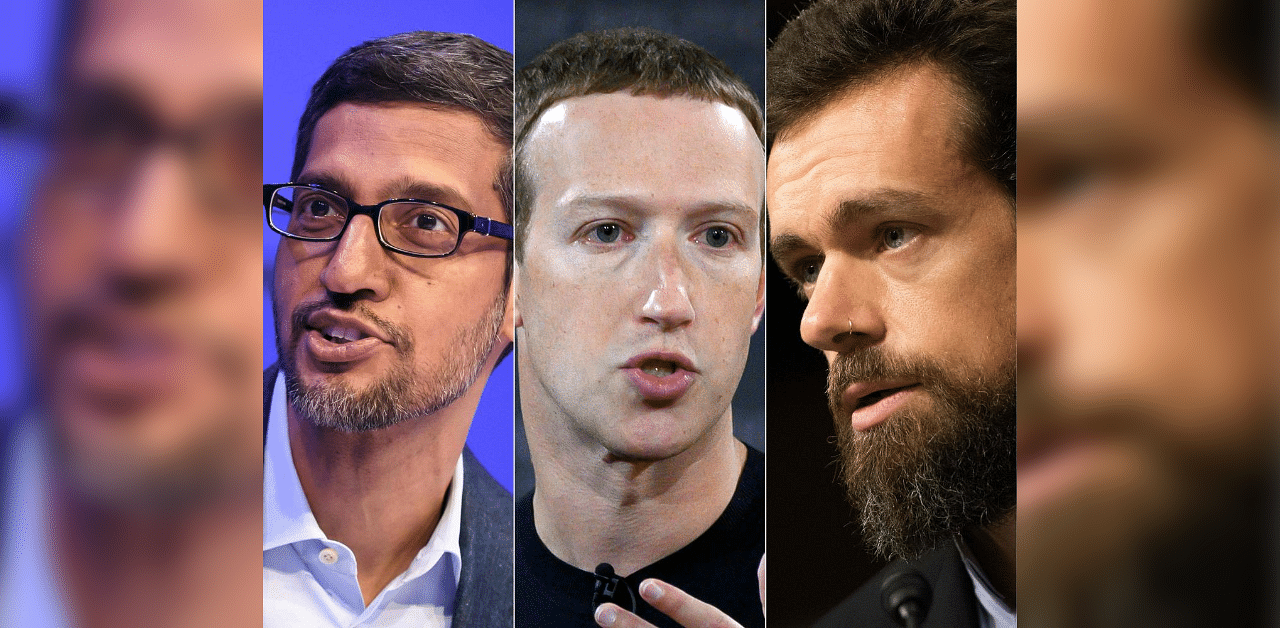 Alphabet CEO Sundar Pichai, Facebook founder Mark Zuckerberg and CEO of Twitter Jack Dorsey. Credit: AFP File Photo