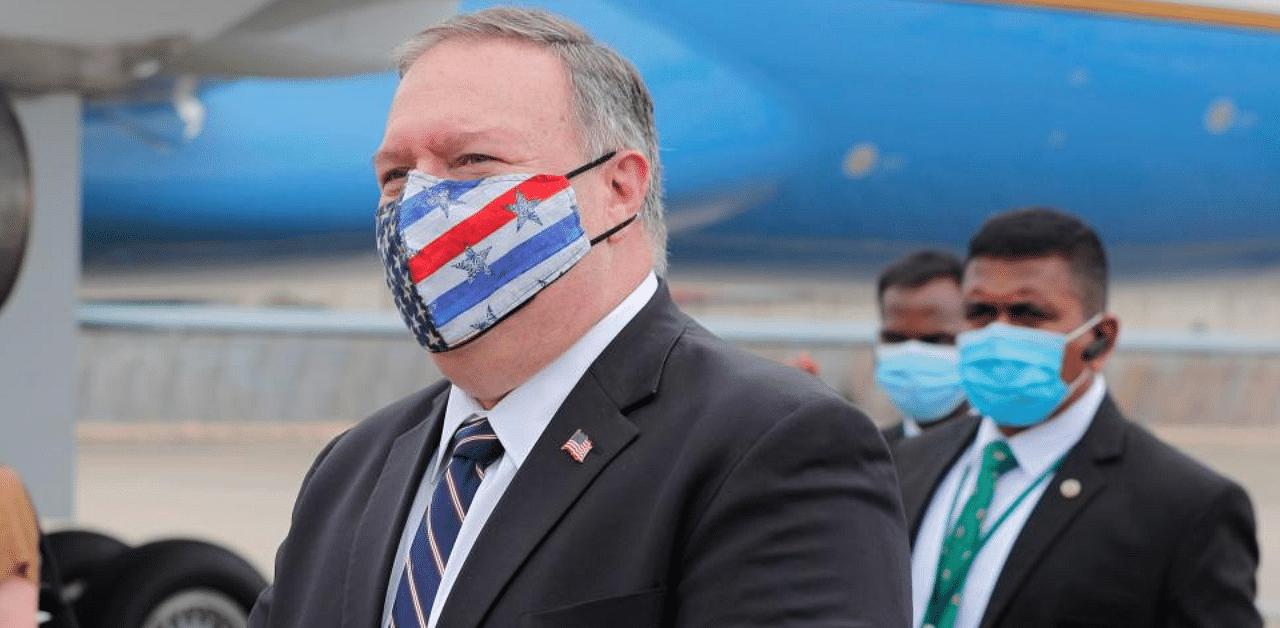 US Secretary of State Mike Pompeo (C) walks to board his aircraft as he prepares to depart, in Colombo on October 28, 2020. Credit: AFP Photo