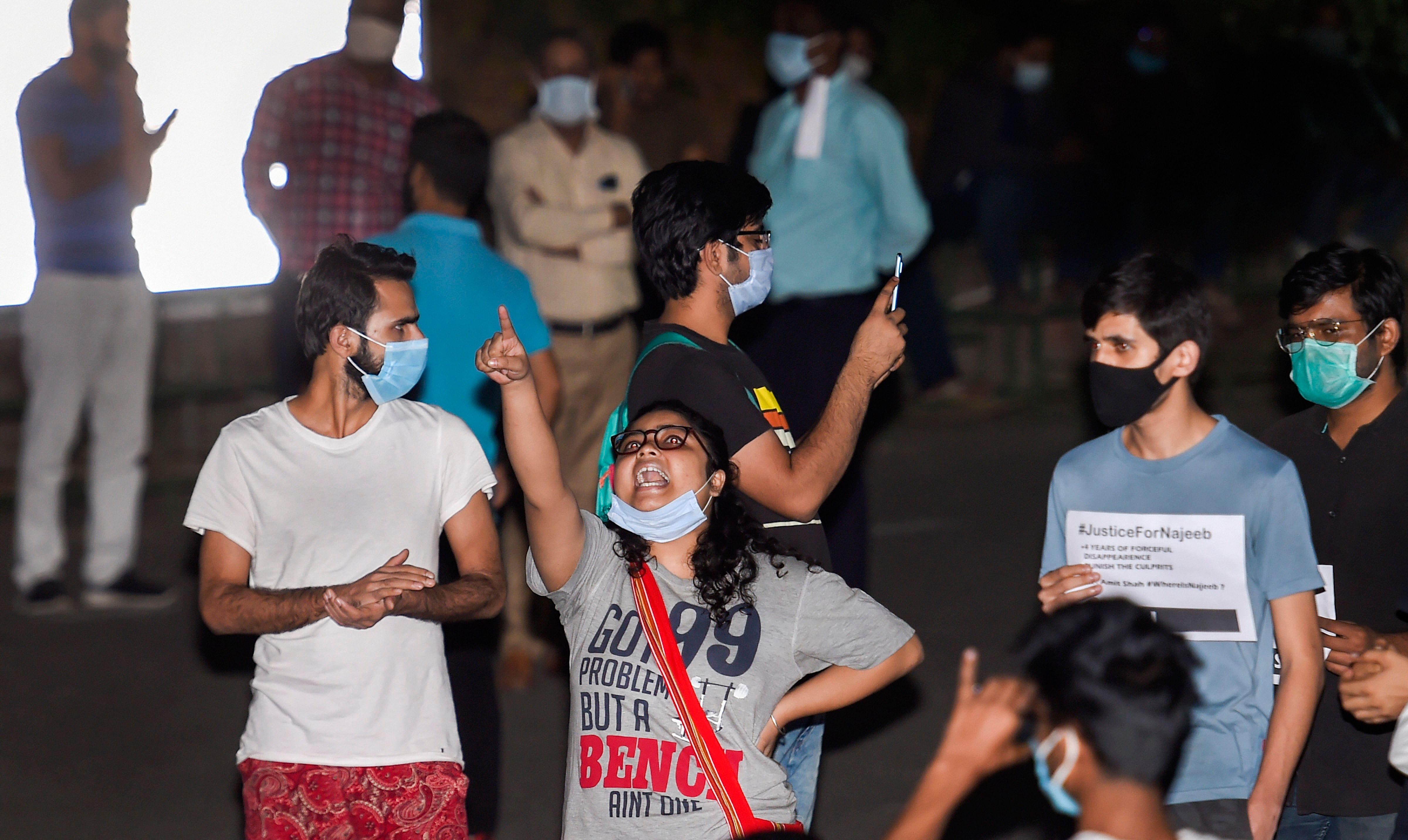 Members of JNUSU during a protest over the disappearance of a student Najeeb Ahmed, at JNU campus in New Delhi, Thursday, Oct. 15, 2020. Today marks the completion of four years of Ahmed's disappearance. Credit: PTI Photo