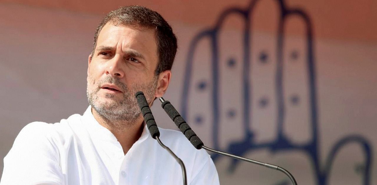 Congress leader Rahul Gandhi addresses a gathering during an election rally. Credit: PTI Photo