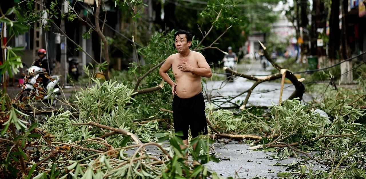 Man reacts while standing amidst uprooted trees in central Vietnam's Quang Ngai province on October 28, 2020, in the aftermath of Typhoon Molave. Credit: AFP Photo
