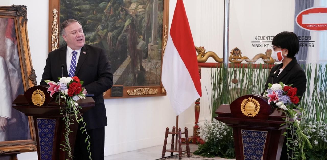 US Secretary of State Mike Pompeo talks while making a joint media statement with Indonesian Foreign Minister Retno Marsudi following their meeting in Jakarta, Indonesia. Credit: Reuters