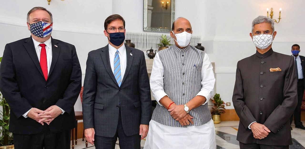 Defence Minister Rajnath Singh, External Affairs Minister S.Jaishankar along with US Secretary of State Mike Pompeo and US Secretary of Defence Mark Esper, ahead of India-USA 2+2 Dialogue in New Delhi. Credit: PTI Photo