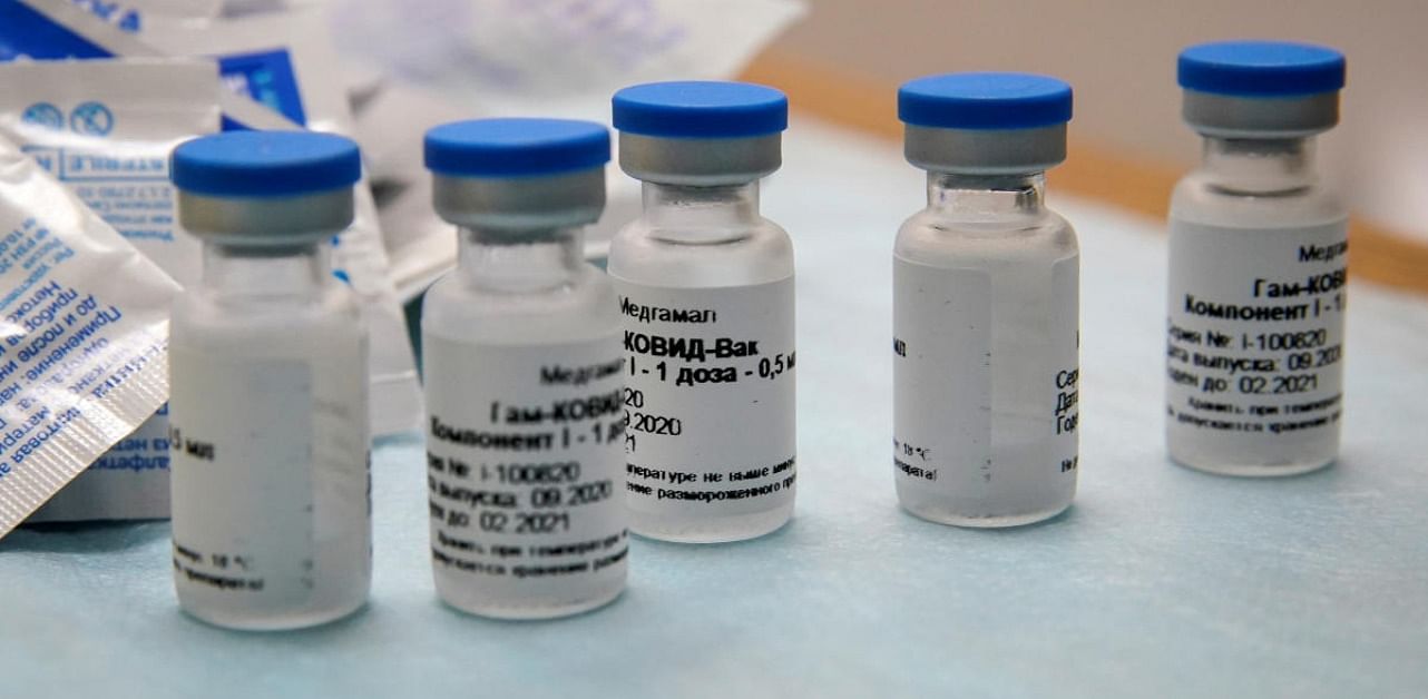 Bottles with Russia's "Sputnik-V" vaccine against Covid-19 are seen before inoculation at a clinic. Credit: Reuters.