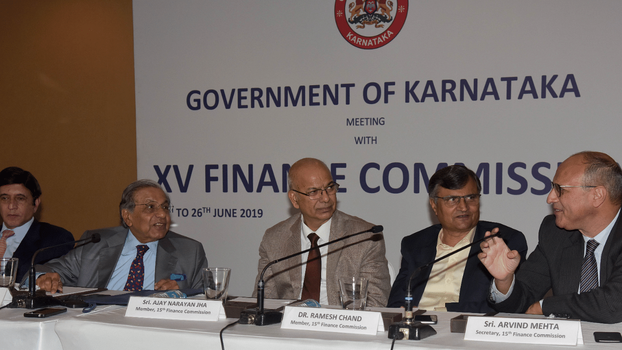 Faculty of 15th Finance Commission(From Left) Dr Anoop Singh, Member, N K Singh , Chairman, Ajay Narayan Jha, Dr Ramesh Chand, Members and Arvind Mehta. Credits: DH Photo