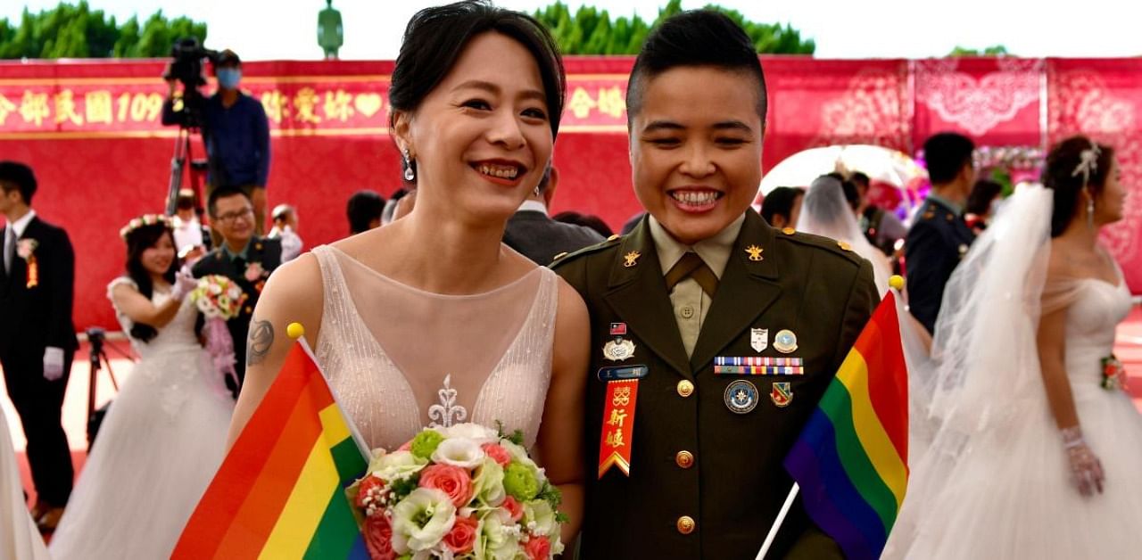 Newly-wedded same-sex couple Yi Wang (R) and Yumi Meng. Credit: AFP Photo
