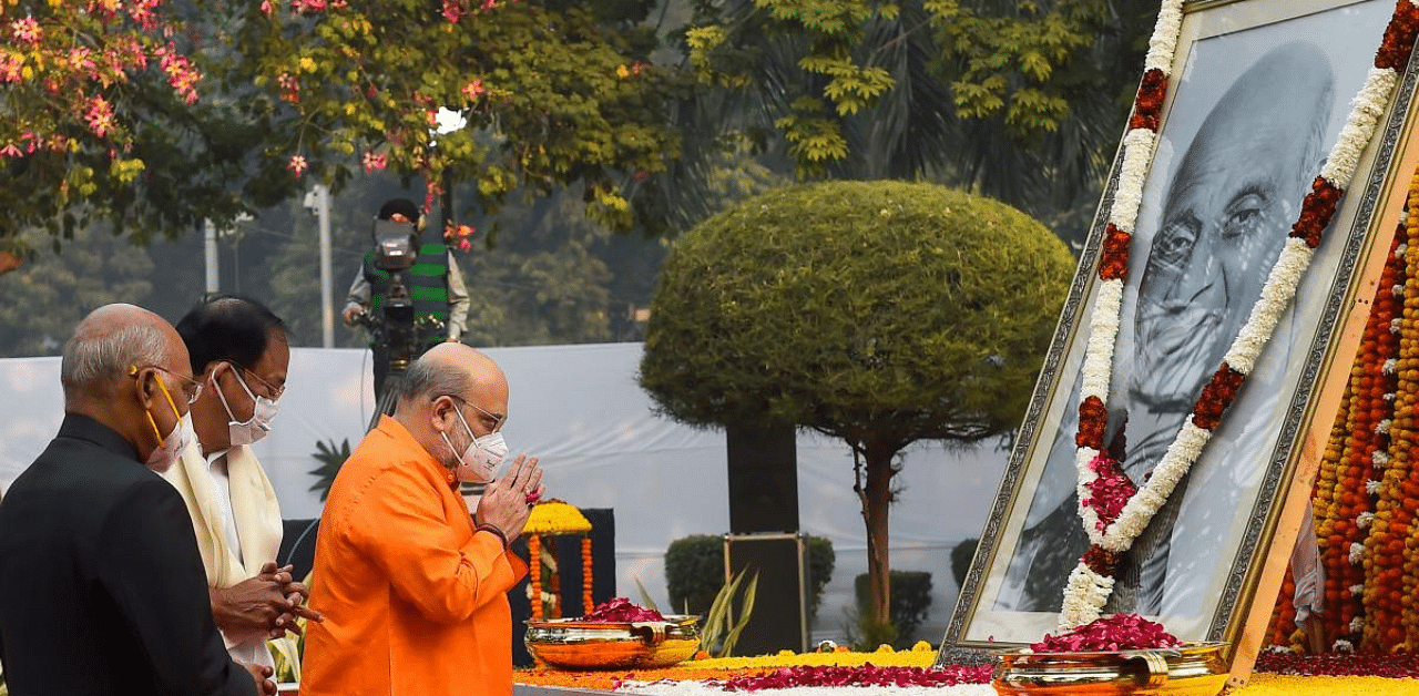 Home Minister Amit Shah pays homage to India's first Home Minister Sardar Vallabhbhai Patel on his 145th birth anniversary, at Patel Chowk in New Delhi, Saturday, Oct. 31, 2020. President Ram Nath Kovind and Vice President M Venkaiah Naidu are also seen. Credit: PTI Photo