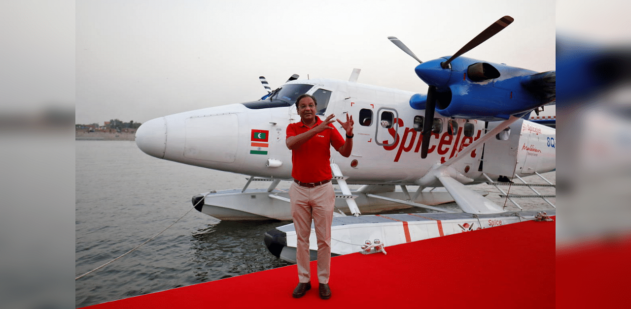 Ajay Singh, Chairman and Managing Director of Indian budget airline SpiceJet, speaks with the media next to a seaplane operated by SpiceJet's Spice Shuttle, in Ahmedabad, India, October 31, 2020. Credit: Reuters Photo