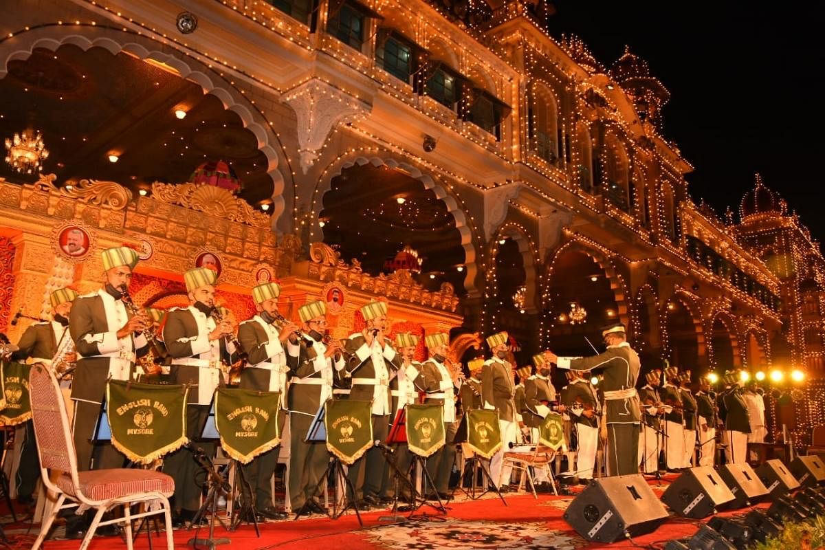 The Police Band performs on the Palace stage, as part of Dasara celebrations in Mysuru, on October 22.