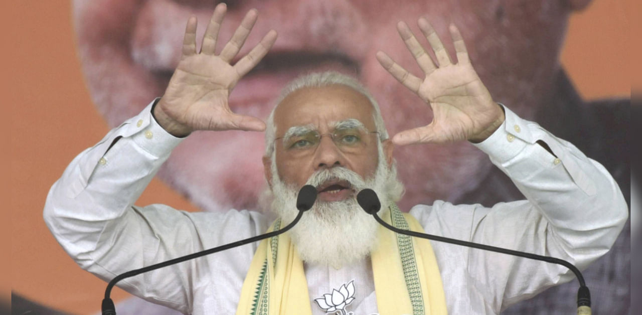 Prime Minister Narendra Modi addresses a gathering during an election rally, in Sasaram, Friday, Oct. 23, 2020. Credit: PTI Photo