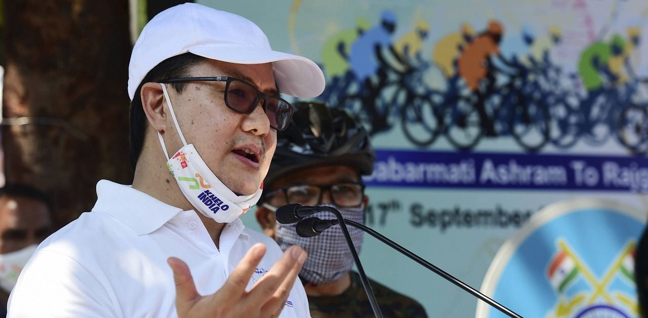 Minister of Youth Affairs and Sports Kiren Rijiju speaks during FIT India Para-Cycling Expedition, in New Delhi, Friday, October 2, 2020. Credit: PTI Photo