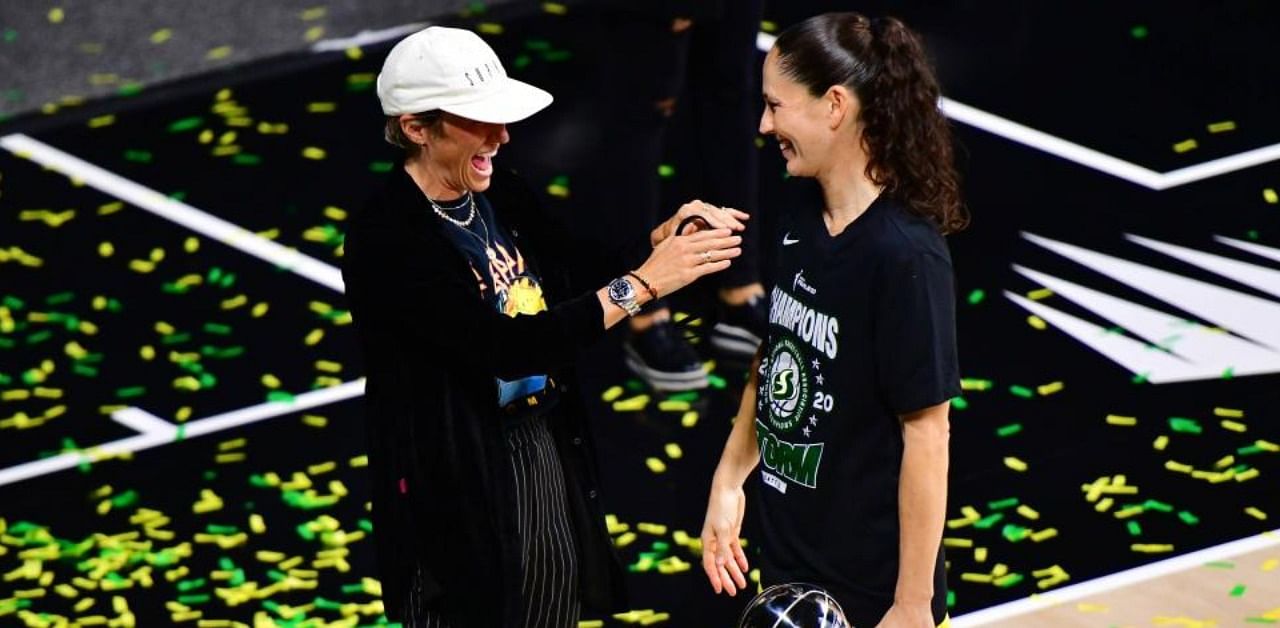 Megan Rapinoe reacts to Sue Bird #10 of the Seattle Storm. Credit: AFP